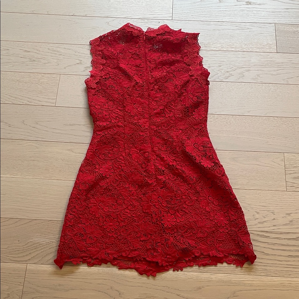 Sleeveless Red Lace Mini Dress with Floral 3D Accents - Picture 4 of 4
